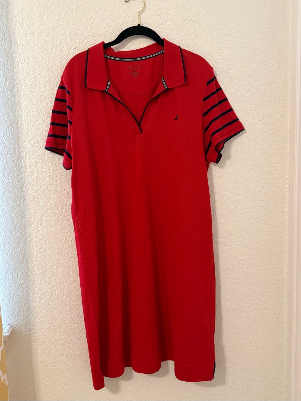 Nautica Women XXL Red Polo Dress Cotton Blend Striped Sleeve Preppy Golf Casual